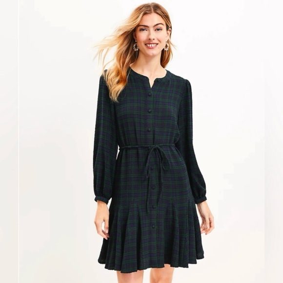 NWT  LOFT  Navy Blue & Green Plaid Long Sleeve Flounce Dress - XS - Picture 1 of 7